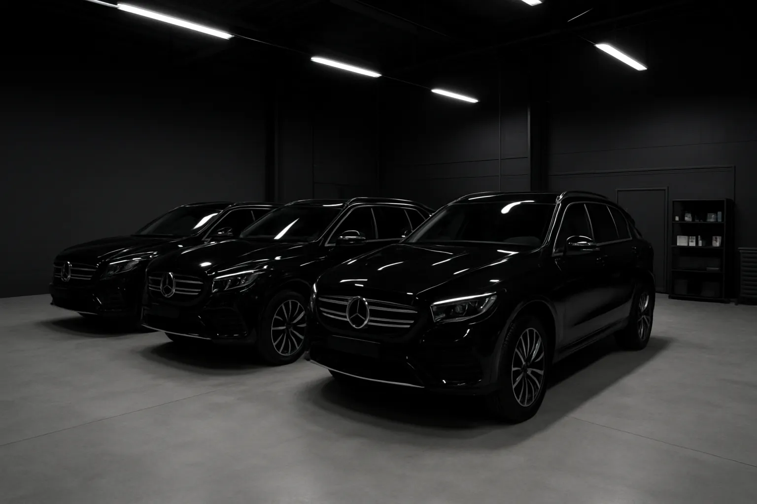 Flotta di veicoli executive lucidi dopo il trattamento professionale di detailing