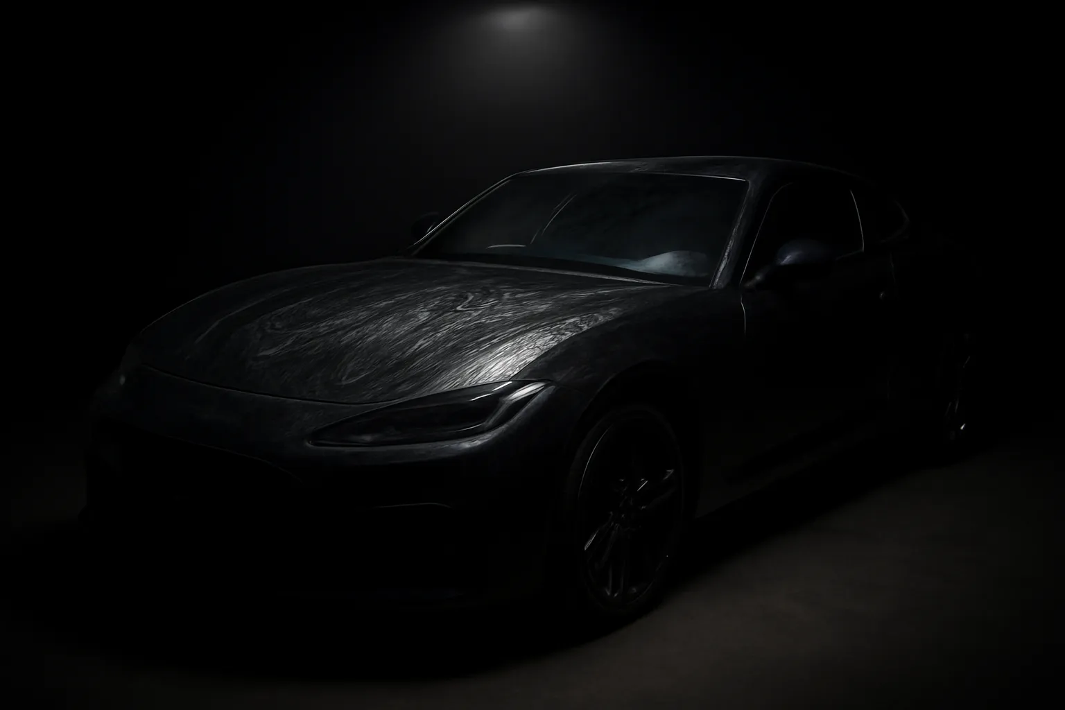 Coupé sportiva prima della correzione vernice: aloni di graffi visibili sotto luce diretta