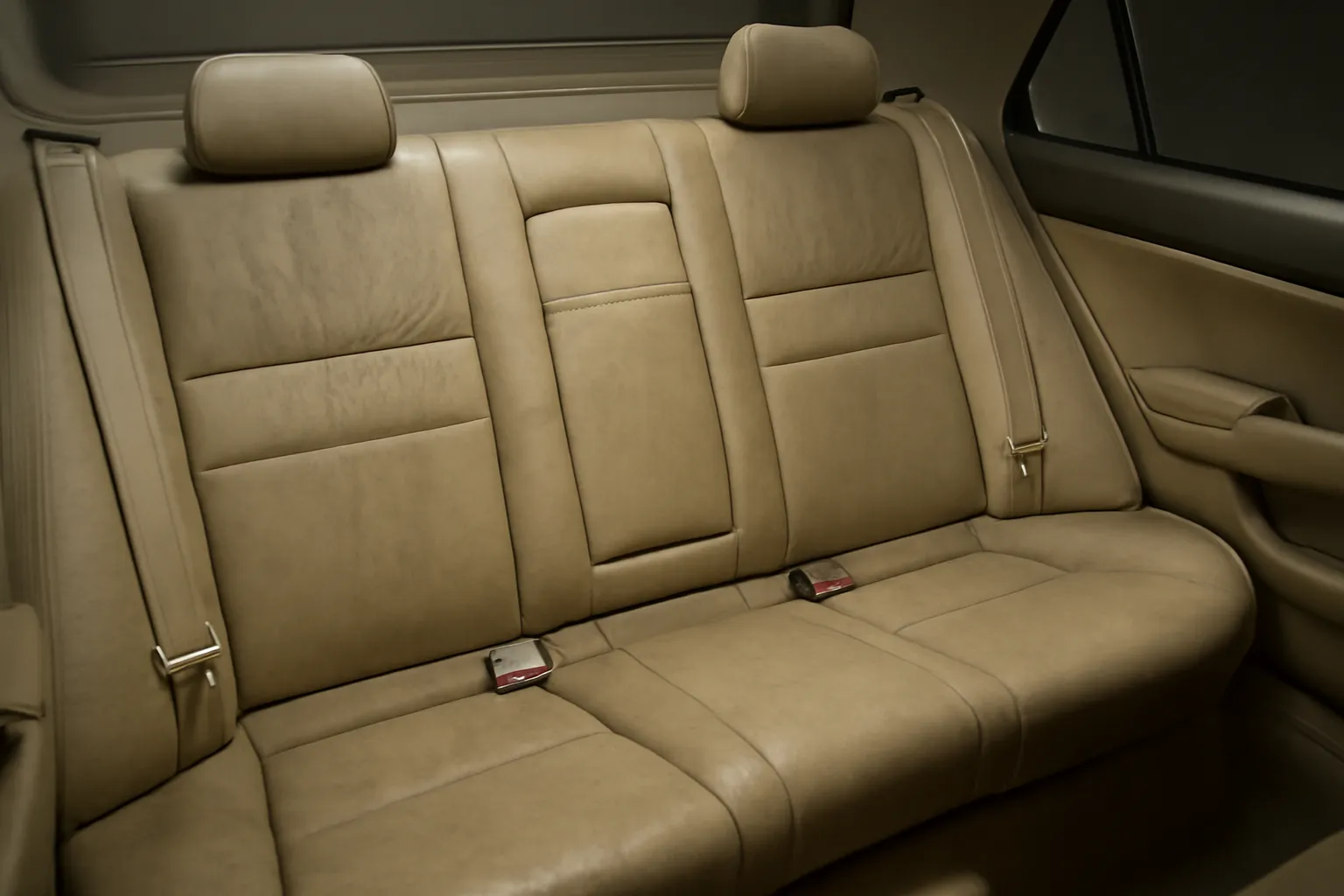 Interno posteriore berlina prima del detailing: sporco incrostato e usura sui sedili in pelle